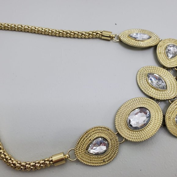 Statement Necklace Rhinestone Tear Drop Gold Tone - Picture 3 of 7